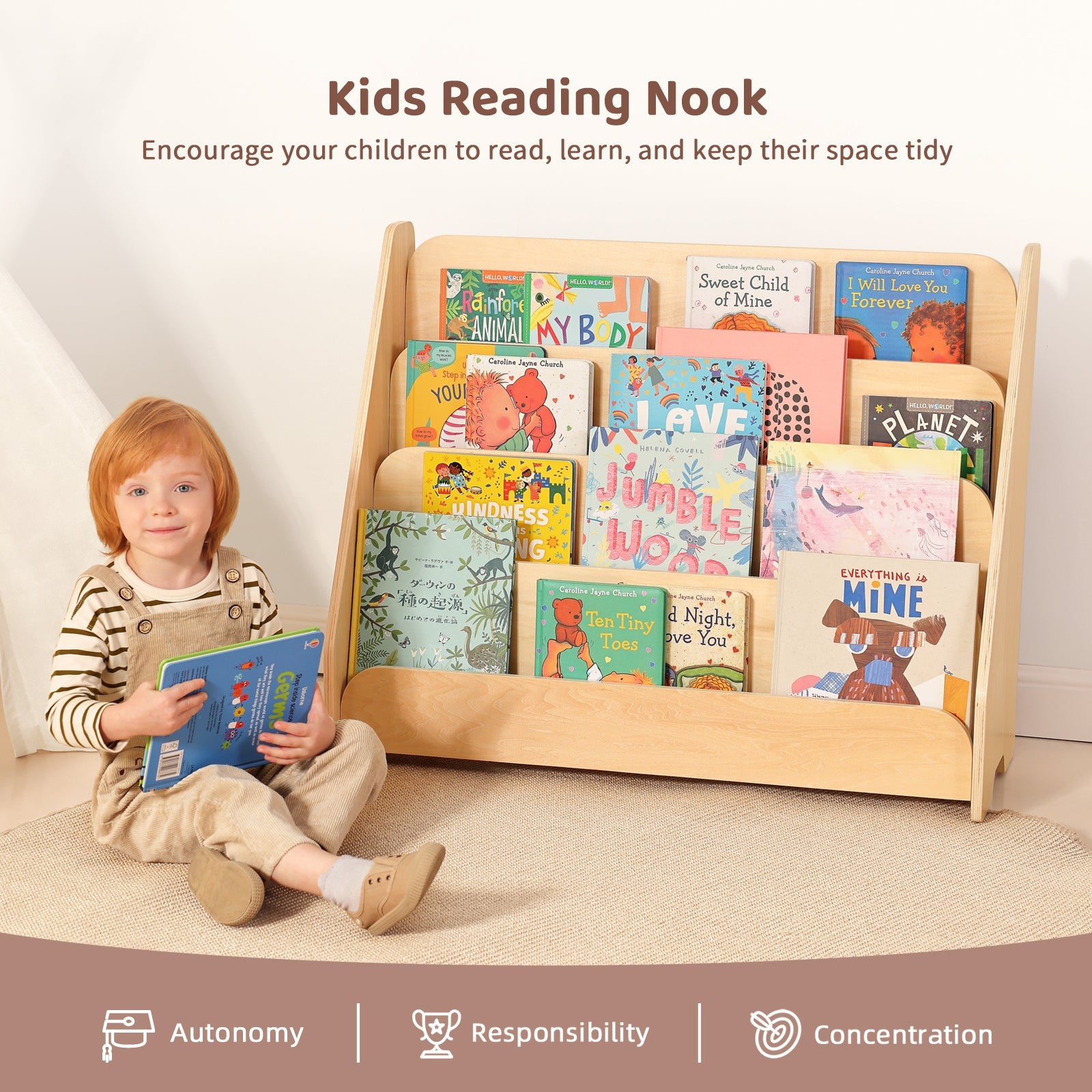 Kids Wooden 4-Tier Bookshelf