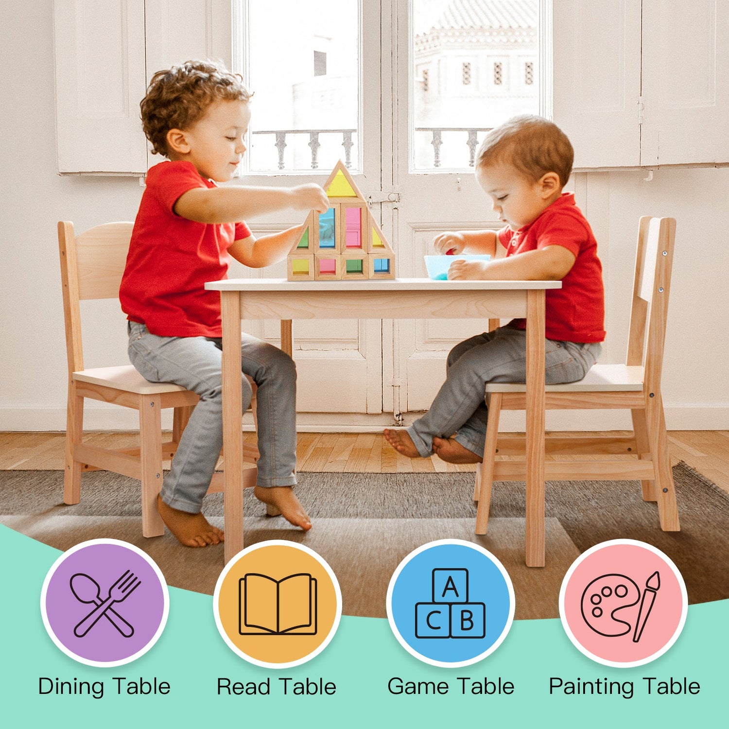 Wood Kids Table and Chairs Set
